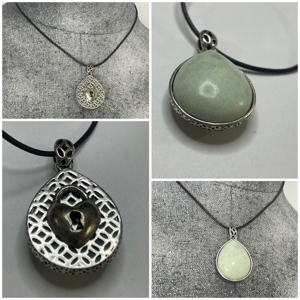 Fossil boho pendant necklace costume signed jewelry REVERSIBLE green teardrop